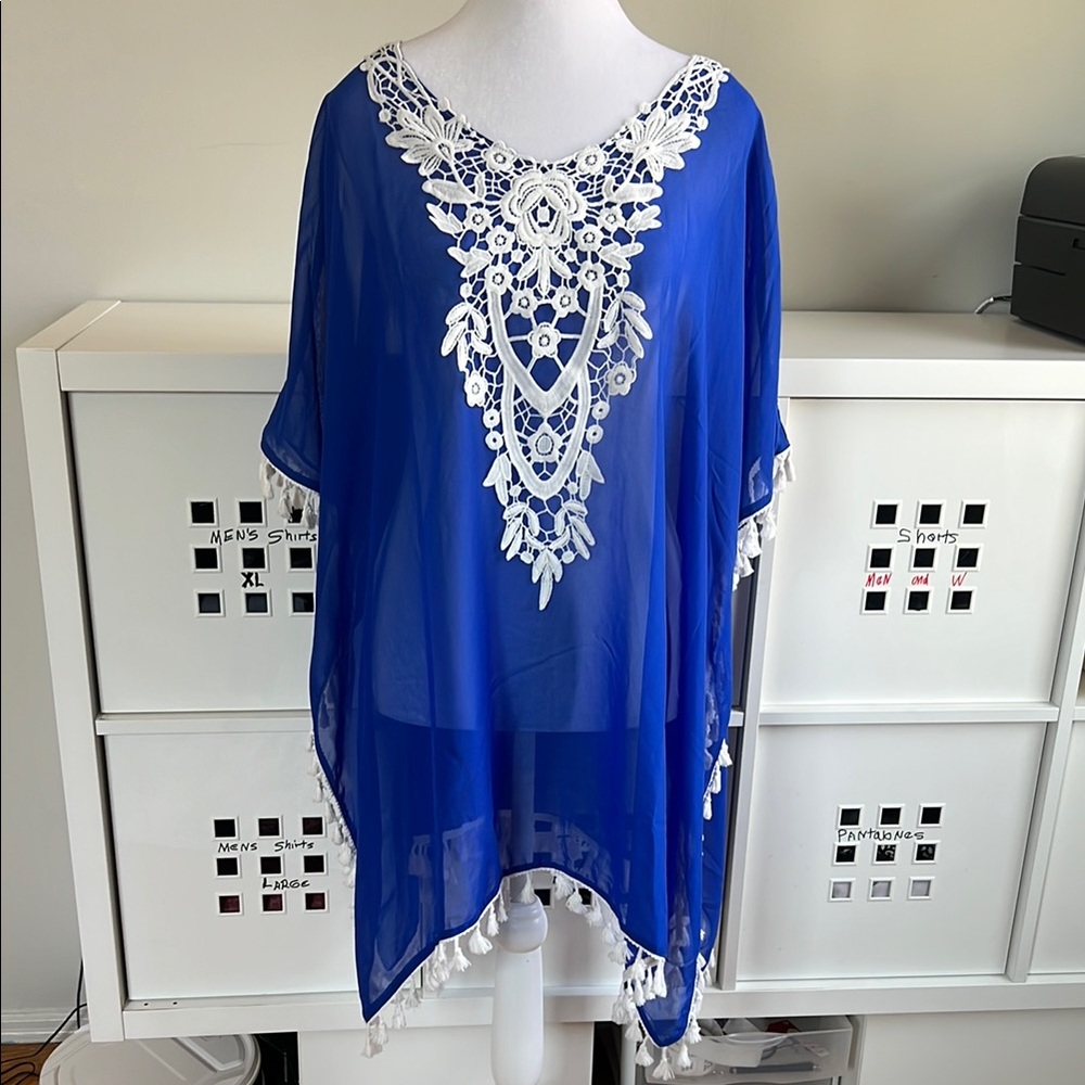 NWT Royal Blue Crochet Lace Fringe Swim Coverup Caftan Size 2XL
